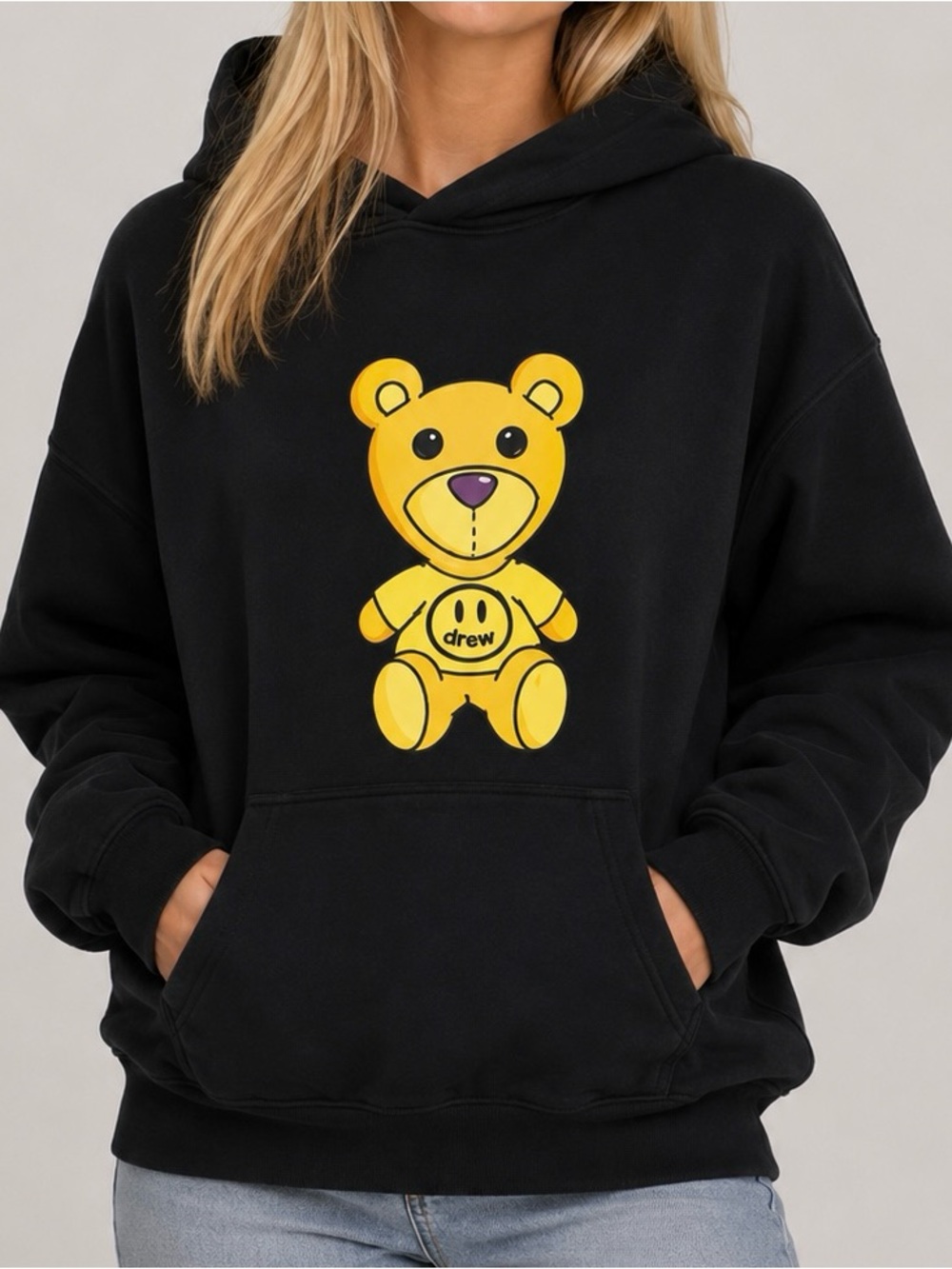 Yellow Teddy Bear Mascot Graphic Black Pullover Hoodie Sweatshirt | Size M
